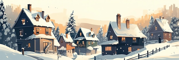 A Snowy Village With Cozy Homes Panoramic Background Generative AI