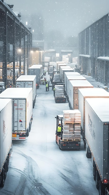 Photo snowy warehouse bay with multiple trucks awaiting loading