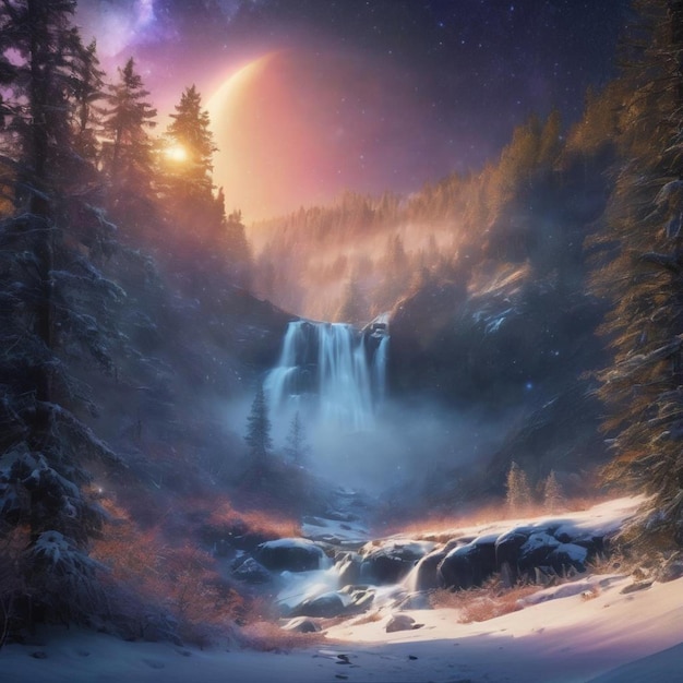 Snowy waterfall under full moon