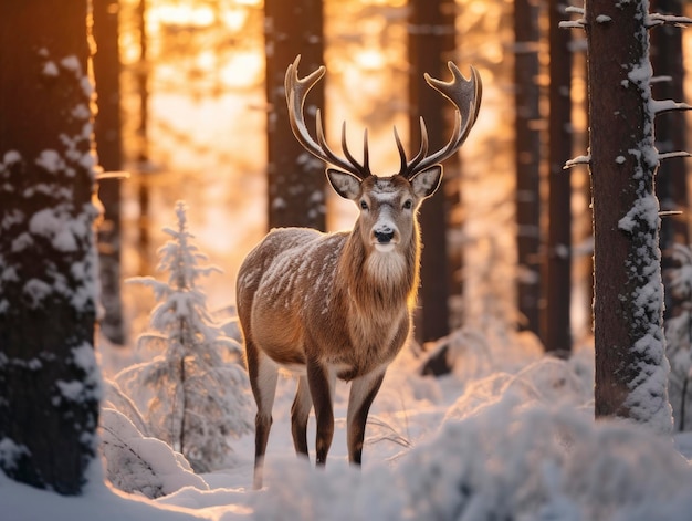 Snowy winter beautiful reindeer in coniferous forest close up photo at sunny day