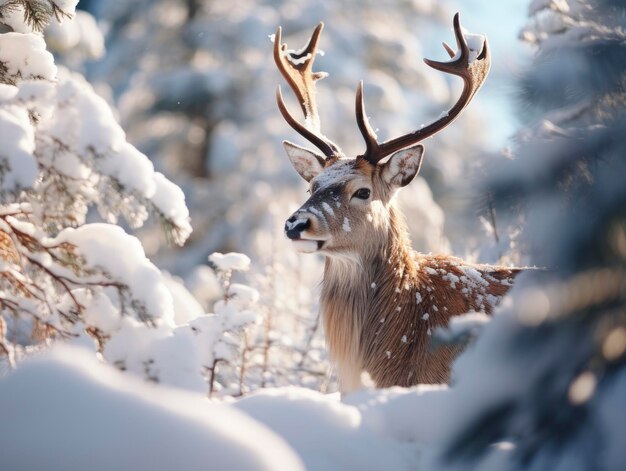 Snowy winter beautiful reindeer in coniferous forest close up photo at sunny day