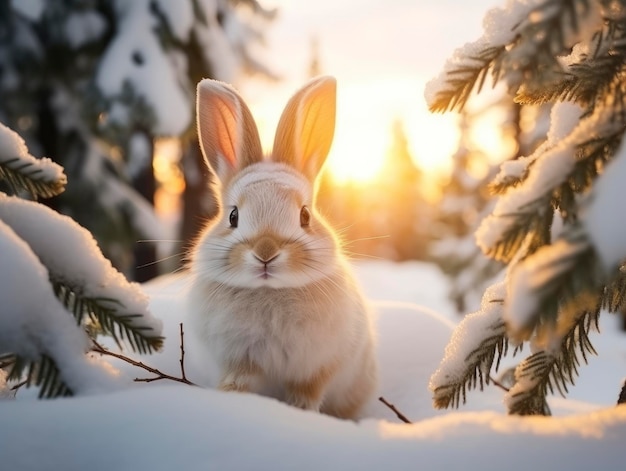 Snowy winter beautiful white bunny in coniferous forest close up photo at sunny morning