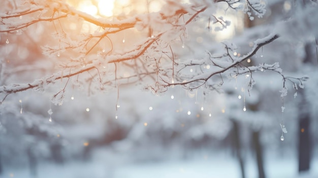 Snowy winter fairytale forest close up branches under snow picture with blank space for text