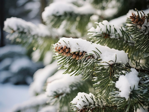 Snowy winter forest close up spruce branches under snow picture with blank space for text