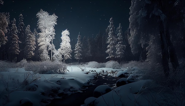 Snowy winter forest at night with full moongenerative ai