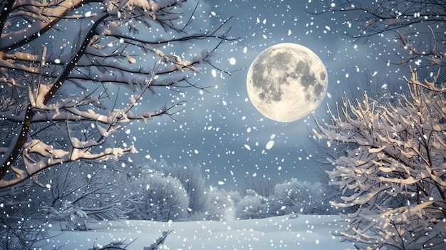 Photo snowy winter forest scene with a full moon in the night sky