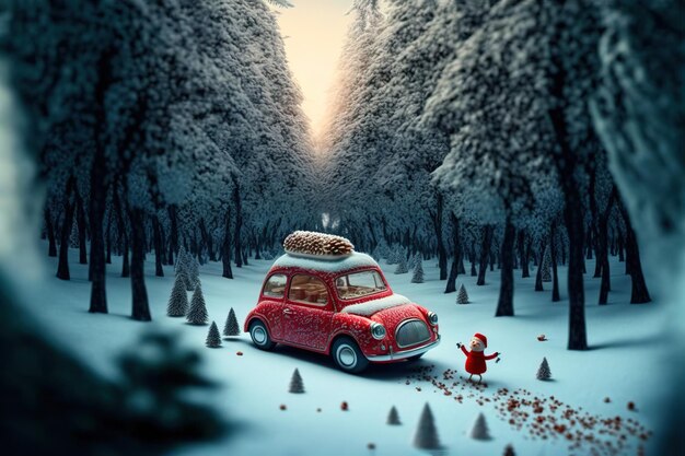 Snowy Winter Forest with miniature red car carrying Christmas Cookies