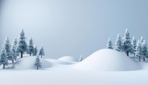 Snowy winter landscape with pine trees and rolling hills