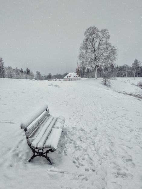 Snowy winter minimalistic landscape with snow covered bench. Gatchina. Russia.