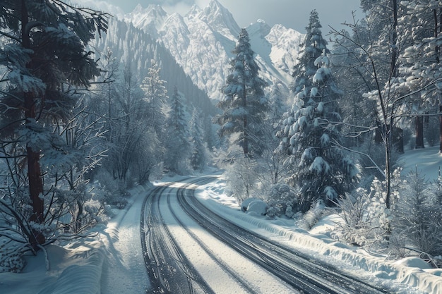 Snowy winter road in a mountain forest Beautiful winter landscape