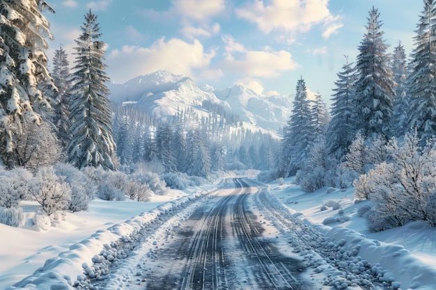 Snowy winter road in a mountain forest Beautiful winter landscape