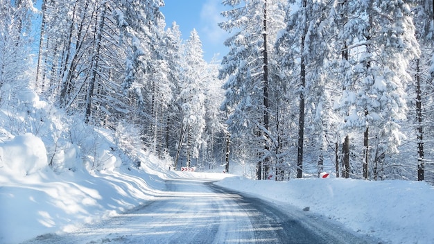 Snowy winter road in a mountain forest