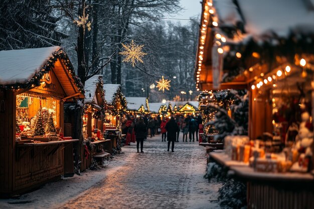 Snowy winter scene of festive market with glowing lights and shoppers