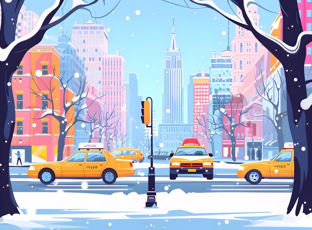 Photo snowy winter scene of new york city with yellow taxis