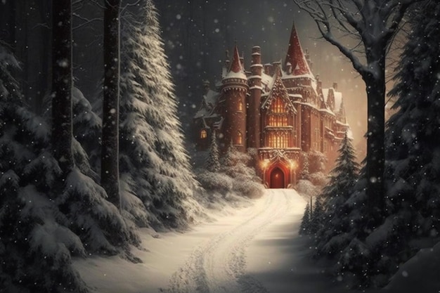 A snowy winter scene with a castle in the snow.