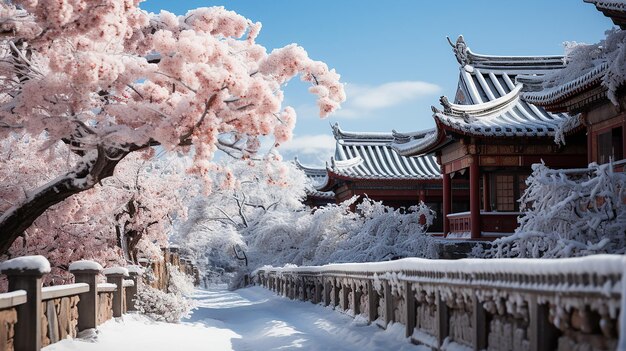 a snowy winter scene with a pink cherry tree in front of a pagoda