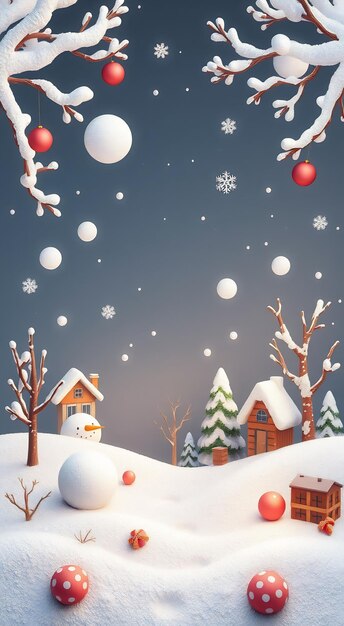 Snowy winter scene with snowman houses and Christmas ornaments