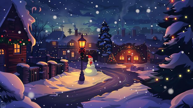 A snowy winter scene with a snowman standing by a lit streetlamp houses with warm lights and a Christmas tree