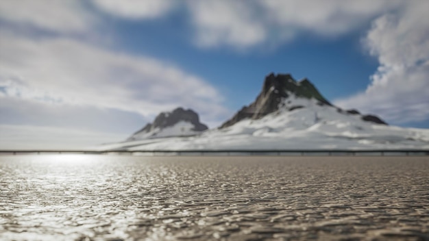 Snowy winter scenery with high moutains and snowflakes 3d rendering