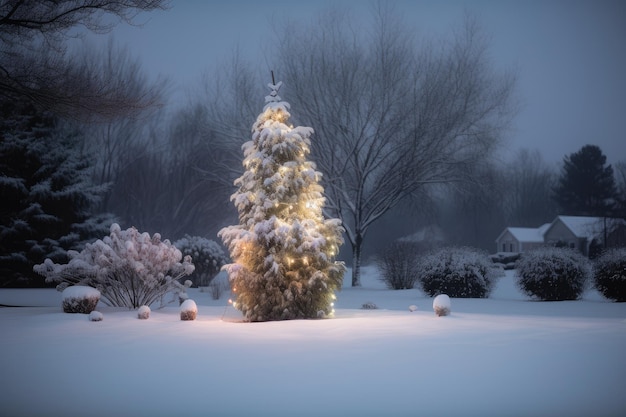 A snowy winter setting with a beautiful decorated tree in the background