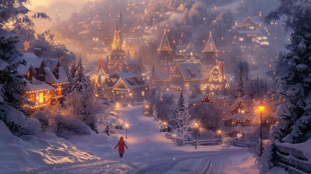 Snowy winter village at dusk with glowing lights and scenic pathways enchanting atmosphere