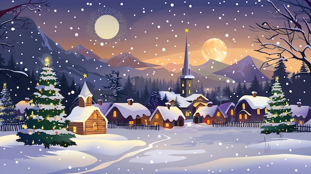 A snowy winter village with a decorated Christmas tree