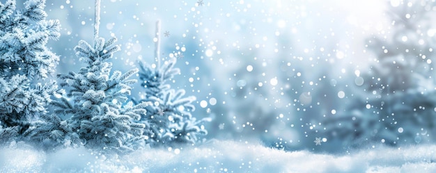 A snowy winter wonderland background with sparkling snowflakes and frosty trees ideal for a festive