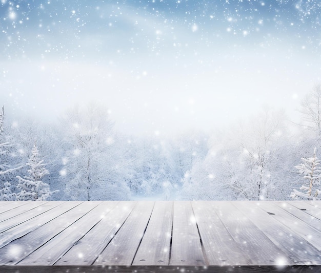 Snowy wooden desk on winter background with snowflakes