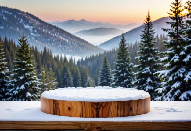 Snowy wooden podium mockup in winter scene with pine trees ideal for product display