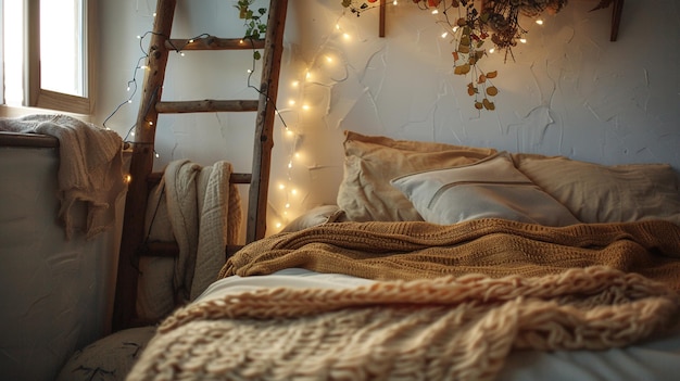 Photo a snug bedroom retreat complete with a quaint wooden ladder and plush bedding