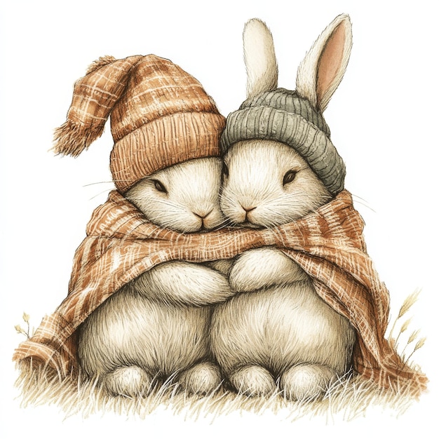 Photo snuggly bunny couple in cozy blanket happy childlike illustration in sticker style