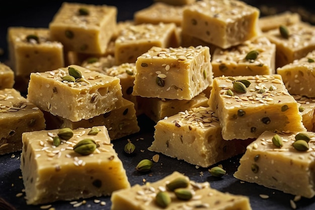 Soan Papdi with cardamom seeds sprinkled on top