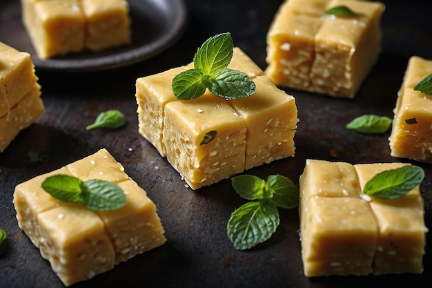 Soan Papdi with fresh mint leaves garnish