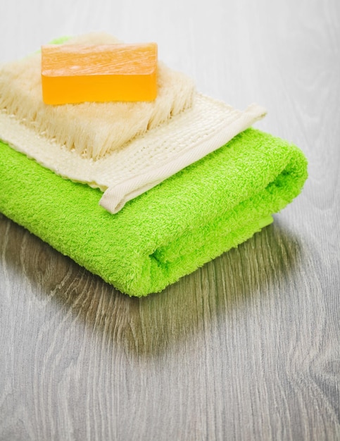 Soap and bast on towel