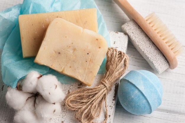 Soap, blue bomb, cotton flower