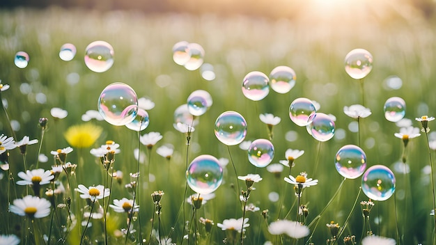 Soap bubbles background in a peaceful flower garden