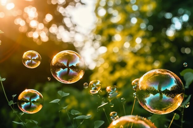 Soap bubbles in the grass with the sun shining on them