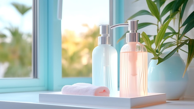 Soap Dispenser and Spa Towel in a Pastel Bathroom