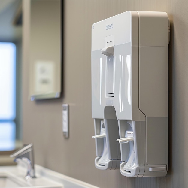 a soap dispenser with a mirror on the wall