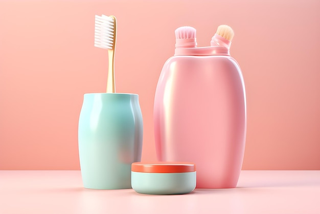 Soap and toothbrush in blue and pink background 3d illustration generative ai