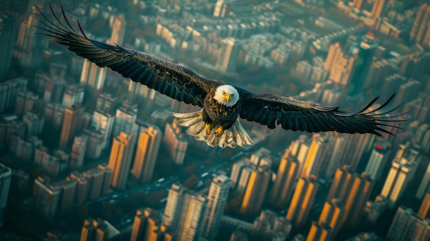 Soaring eagle above a crowded city symbolizing freedom vs confinement