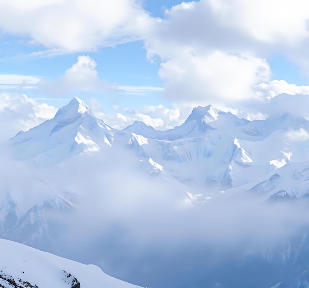 Photo soaring peaks of winter wonderland amidst snowy serenity