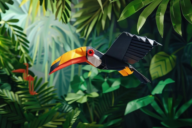 Photo soaring above a realistic rainforest an origami toucan flies its colorful beak a bright contrast against the lush green canopy