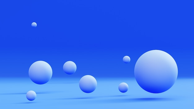 Soaring spheres on a blue background. Abstract 3d render.