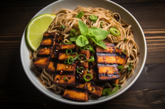 Photo soba noodles with grilled tofu and scallions