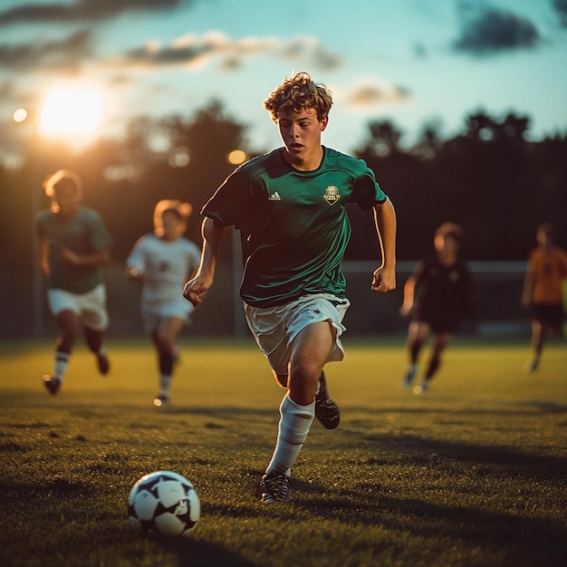 Soccer action shot dramatic lighting