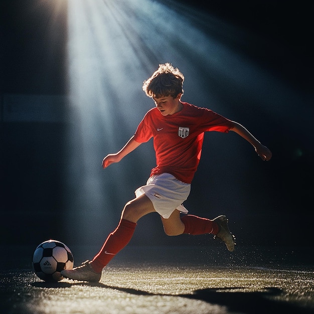 Soccer action shot dramatic lighting