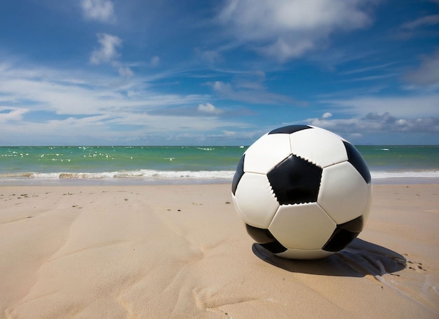 A soccer ball on the beach in front of the ocean