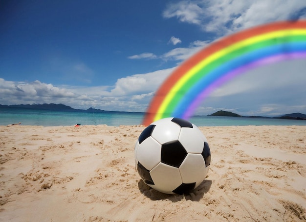 A soccer ball on a beach with a rainbow in the background