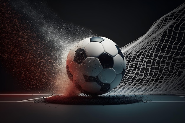 Soccer ball being sprayed with water droplets in a net